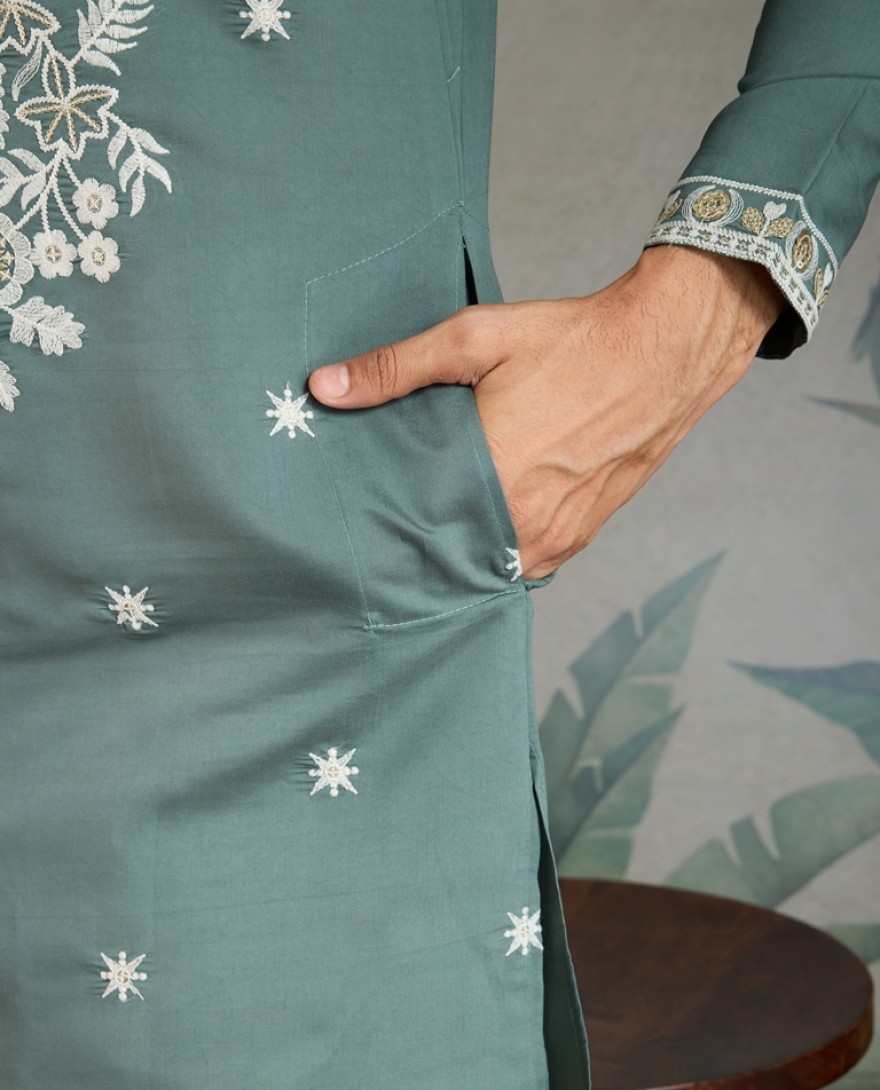 61323-green - Pista Green Thread & Sequence Hand Embroidered Men’s Kurta Set